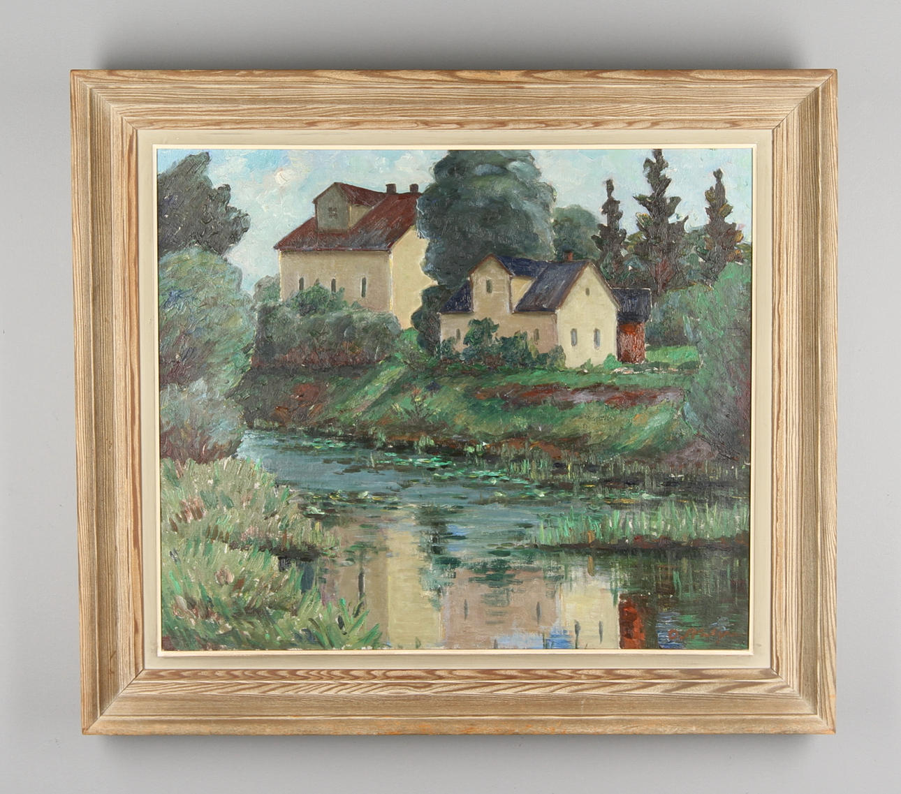 OLAVI AHLGREN. Landskap med damm och hus. Olja på duk. Signerad.