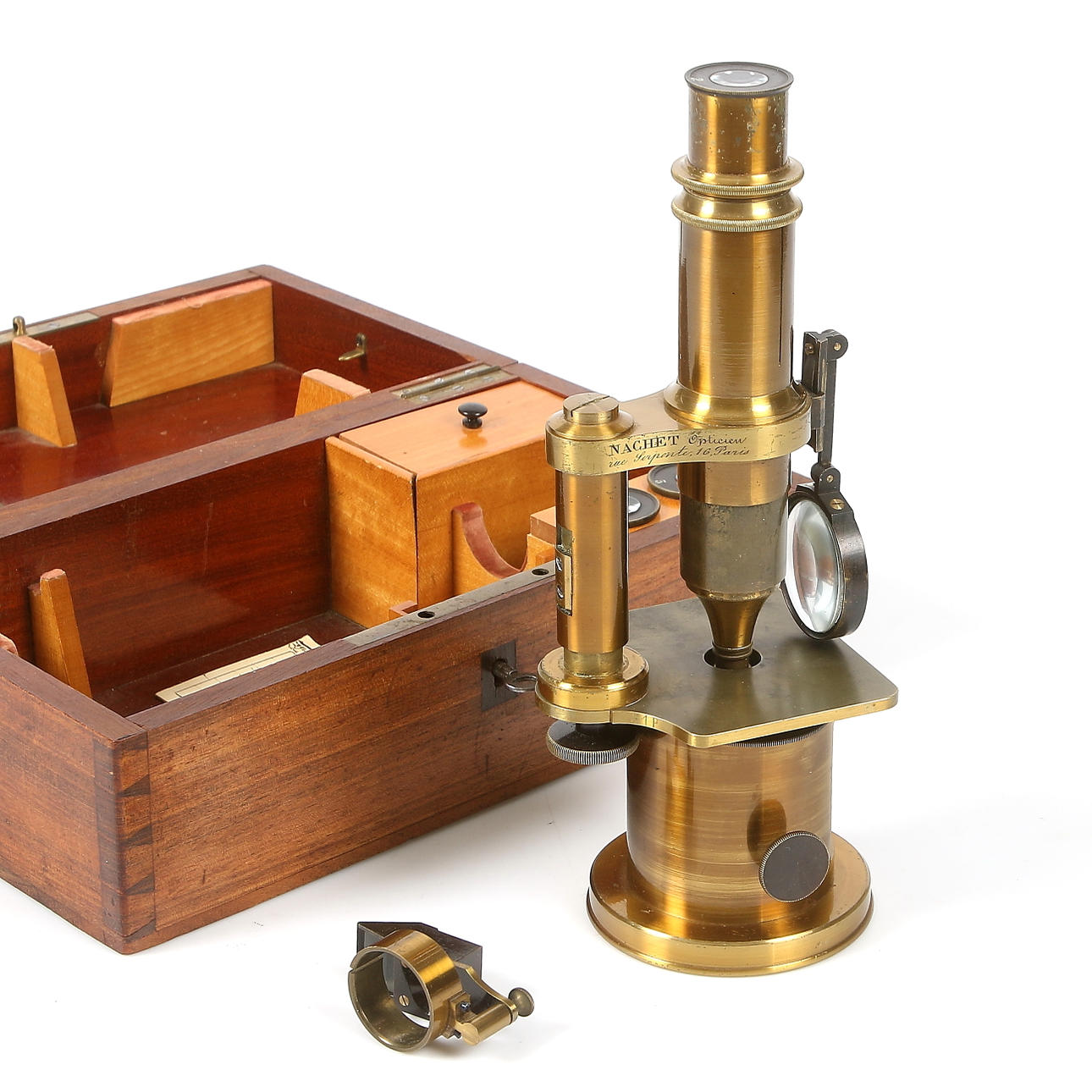MICROSCOPE with STORAGE BOX, Nachet, Paris, mid 19th century.