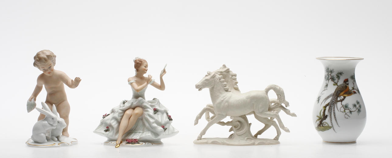 KERAMIKFÖREMÅL, 4 st, Wallendorf, Rosenthal samt Schaubach kunst.