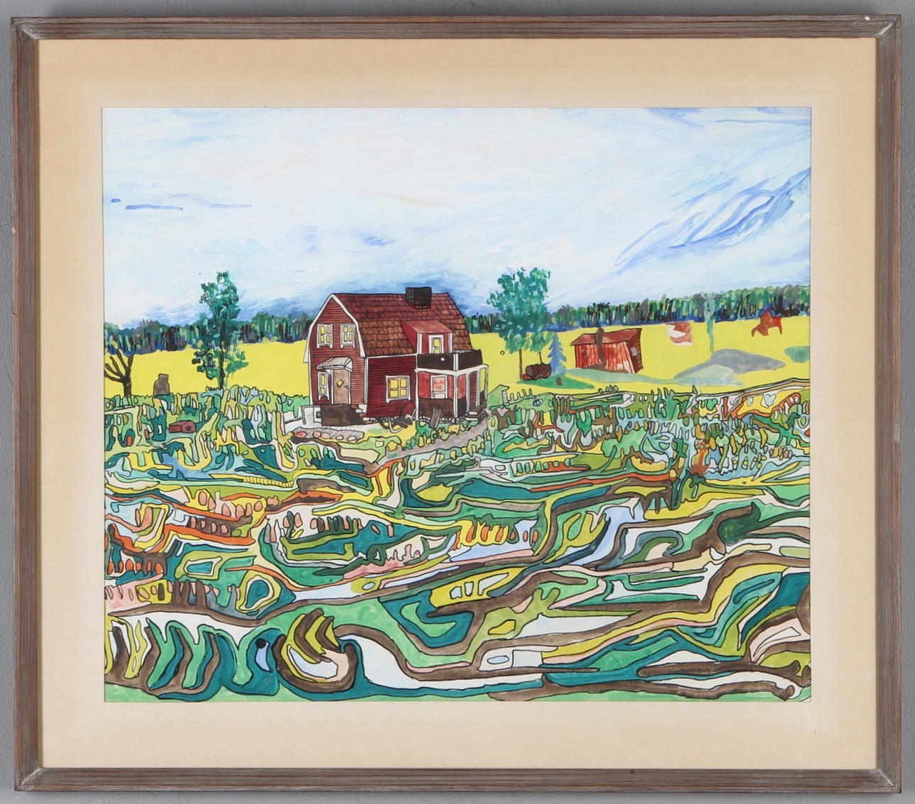 BENGT ELDE. Landskap med hus, blandteknik på papper, signerad och daterad -66.