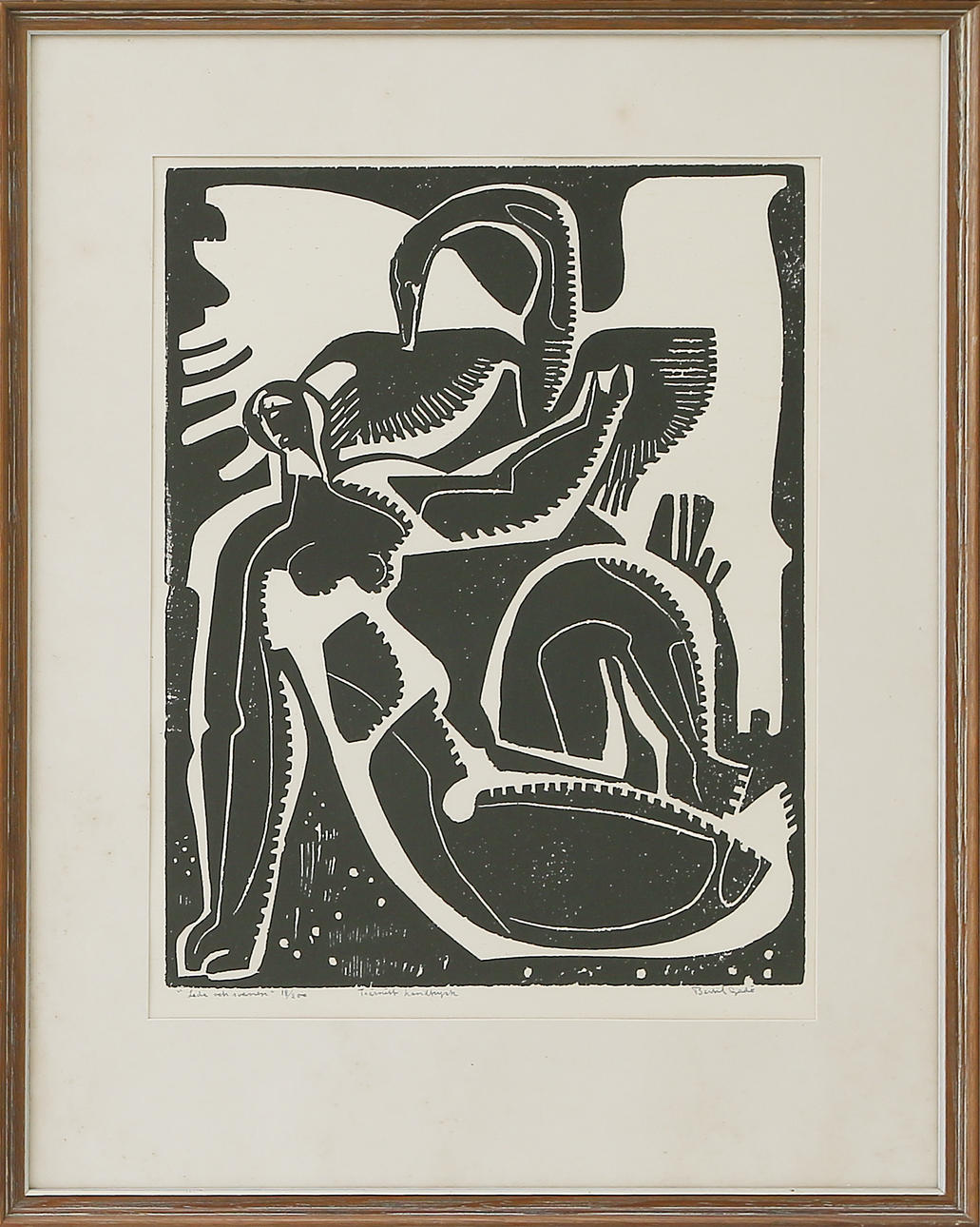 BERTIL GADÖ. LITO 18/200 "Leda and the Swan" woodcut, handprint, signed in pencil, 1900s.