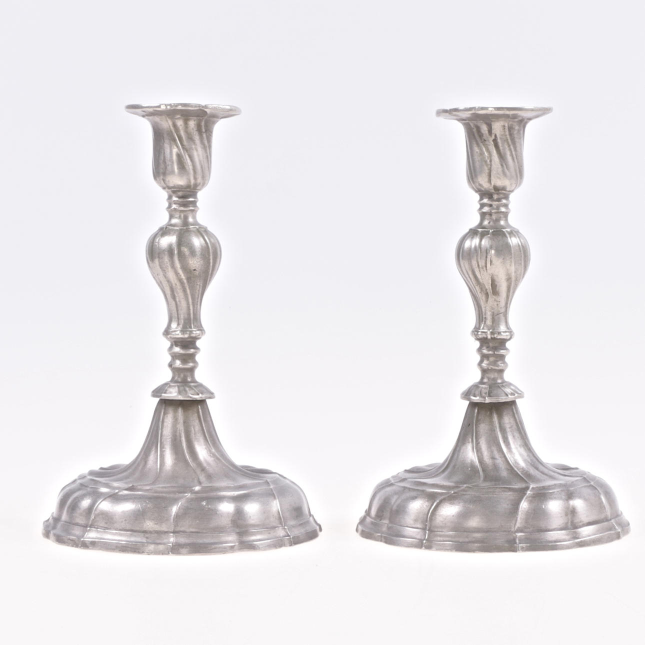 CANDLESTICKS, pewter, rococo style, marked EW.