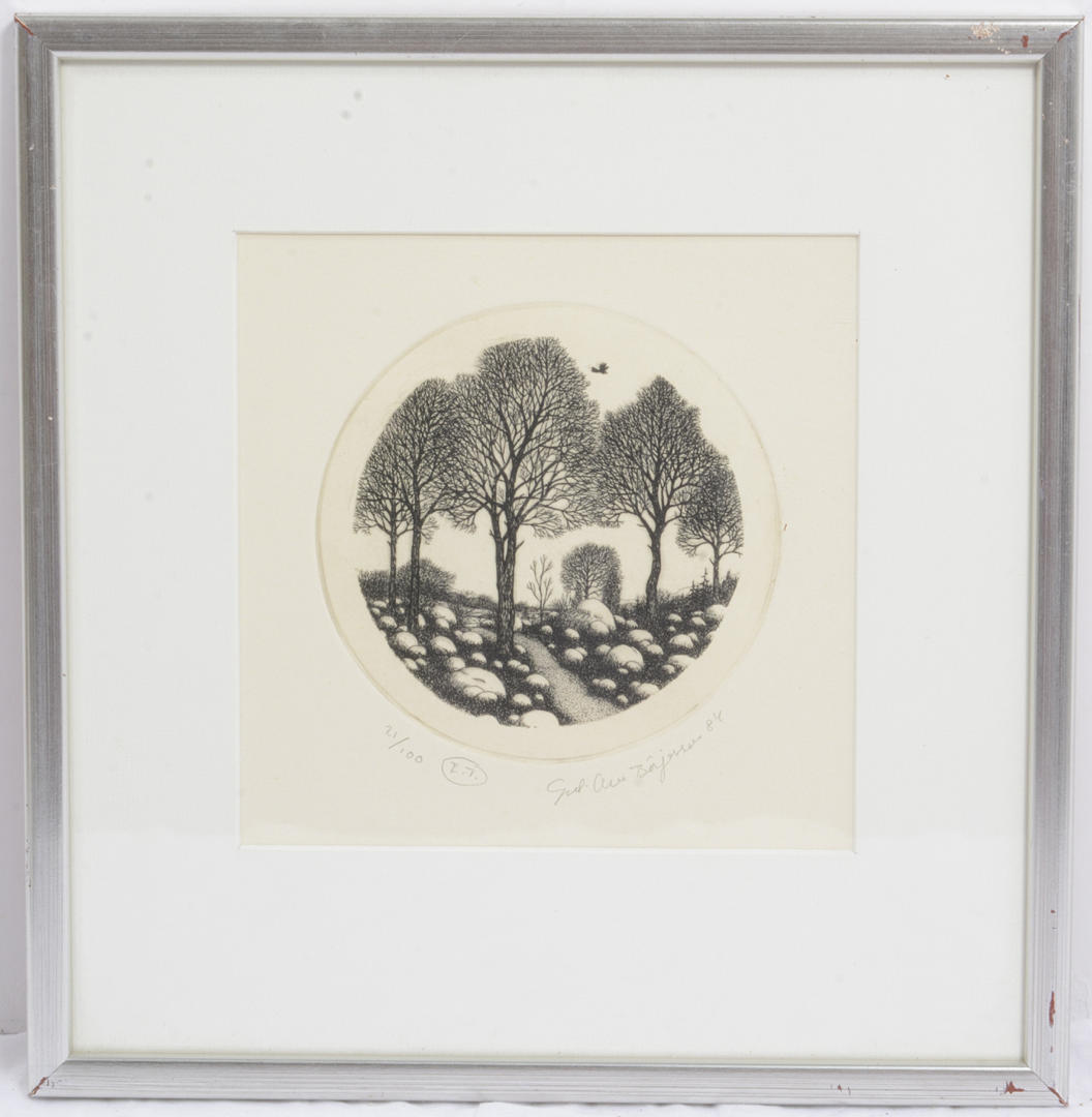 GERT-OWE BÖRJESSON. Tree with the path, round. Lithograph.