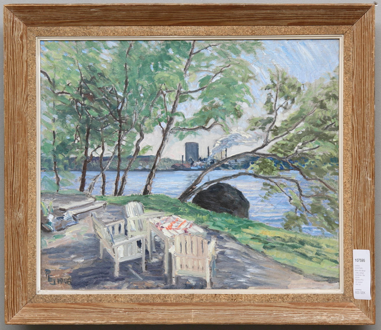 OKÄND KONSTNÄR. Motiv från Islinge Udde, Lidingö, Stockholm. Olja på duk. Signerad PEJ och daterad 1948.