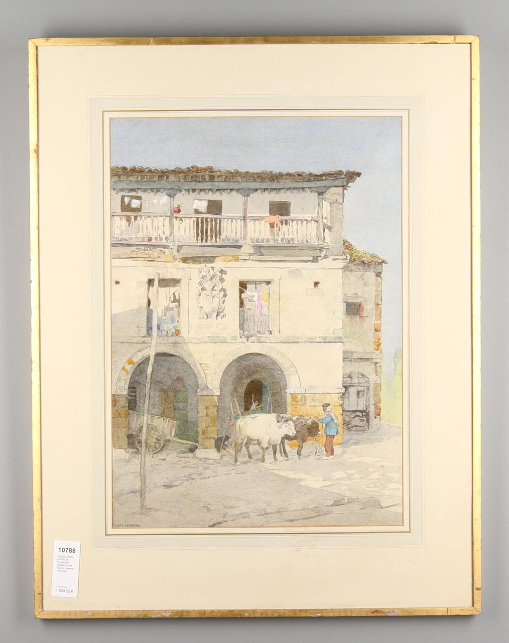 JAMES KERR-LAWSON. Sydländsk stadsbild med figurer. Akvarell. Signerad.