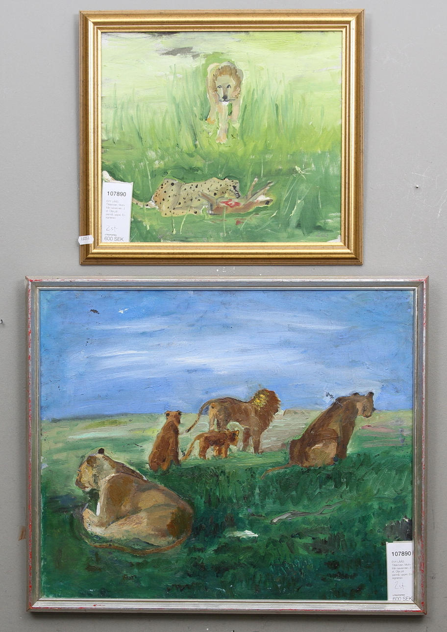 EVY LÅÅS. TILLSKRIVEN. Motiv från savannen. 2 st. Olja på pannå, uppkl. En signerad.