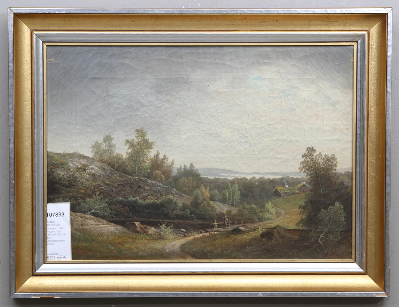 OKÄND KONSTNÄR. Landskap med stuga och sjö. 1800-tal. Olja på duk. Monogramsignerad GH.