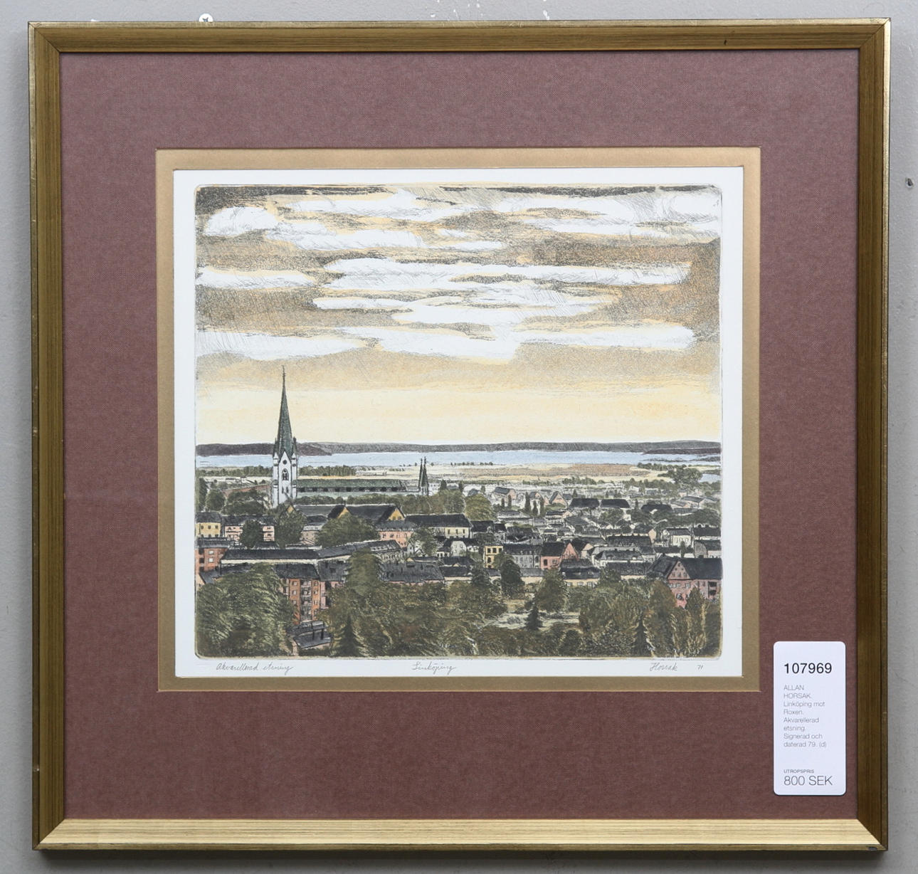 ALLAN HORSAK. Linköping mot Roxen. Akvarellerad etsning. Signerad och daterad 79.
