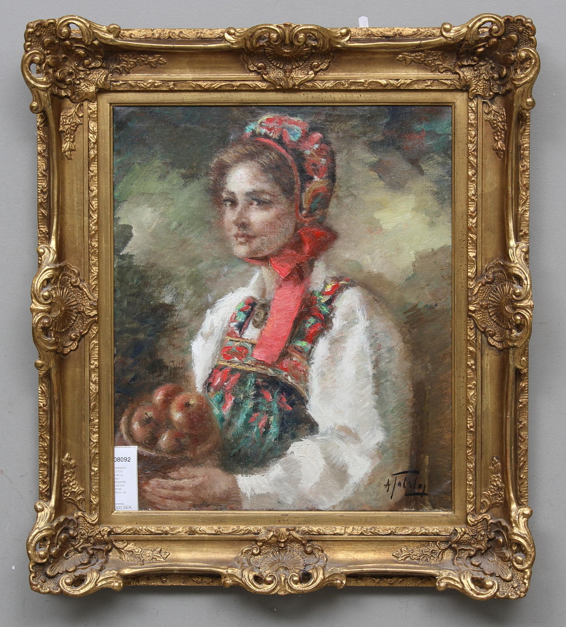 ALEXANDER TOLSTOY. Porträtt av kvinna i högtidsdräkt. Olja på duk. Signerad A.Tolstoy.