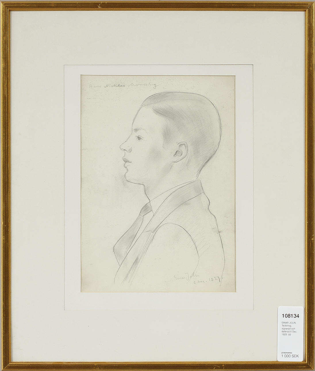 EINAR JOLIN. Teckning, signerad och daterad 6 Dec. 1929.