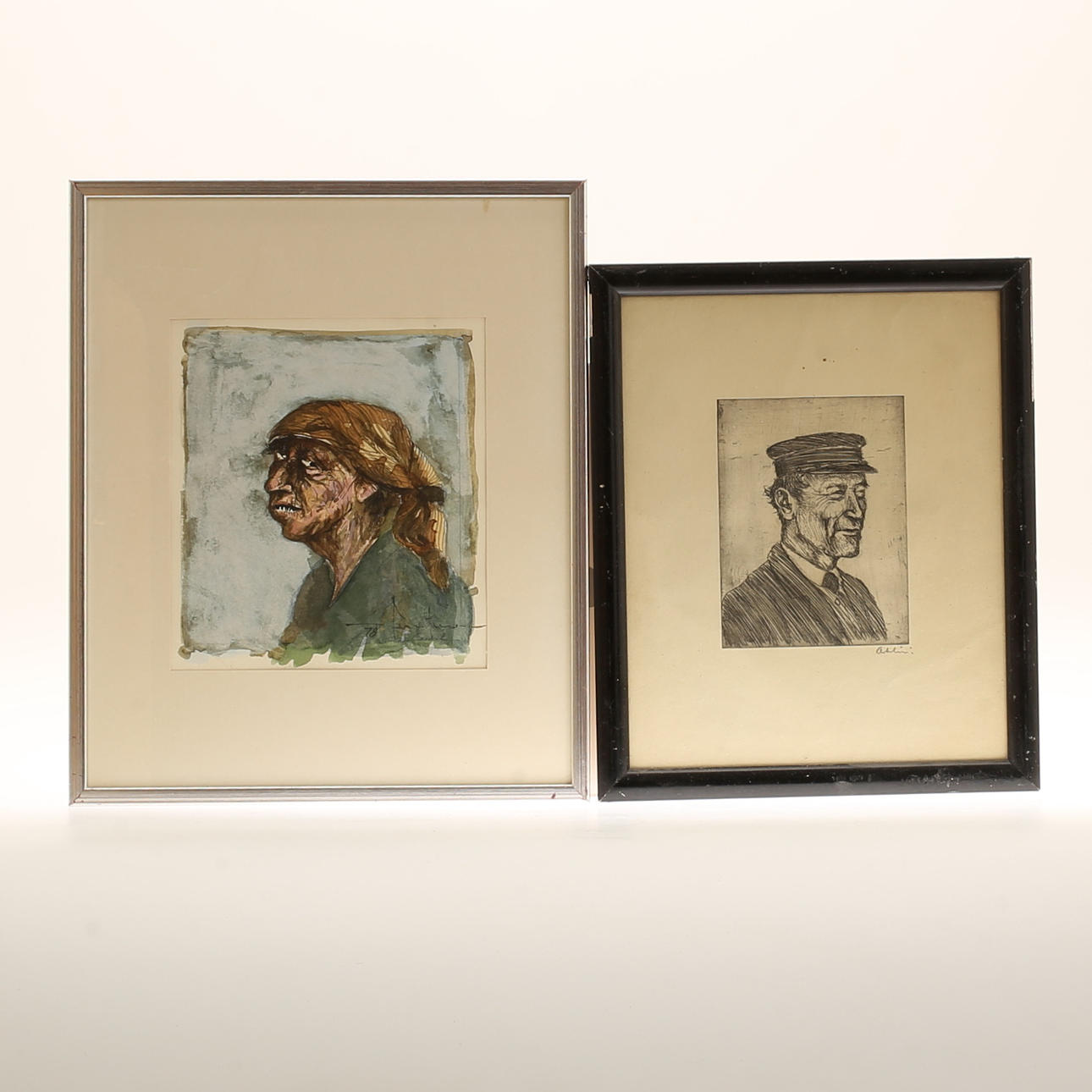 UNIDENTIFIED ARTISTS, mixed media, signed. Etching, signed Ahlin.
