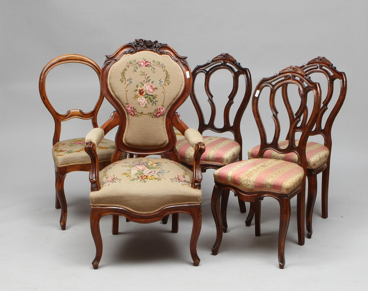 KARMSTOL, STOLAR 3 + 2 st, nyrokoko, 1800-talets slut.