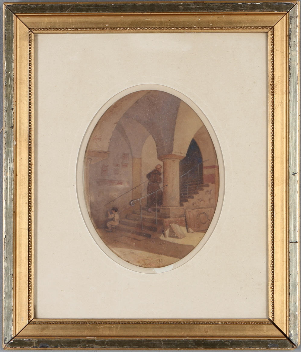 OKÄND KONSTNÄR. Klosterinteriör med munk, akvarell, monogramsignerad ATG.