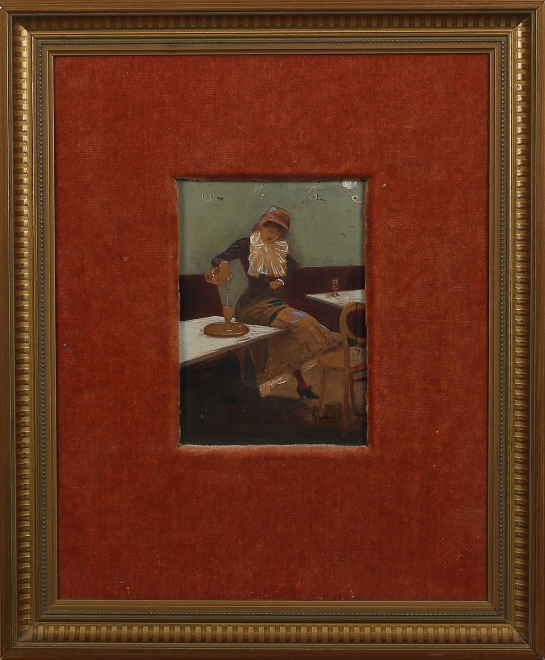 OIDENTIFIERAD KONSTNÄR. Kvinna på kafe. Olja på pannå. Frankrike? Otydlig Signatur.