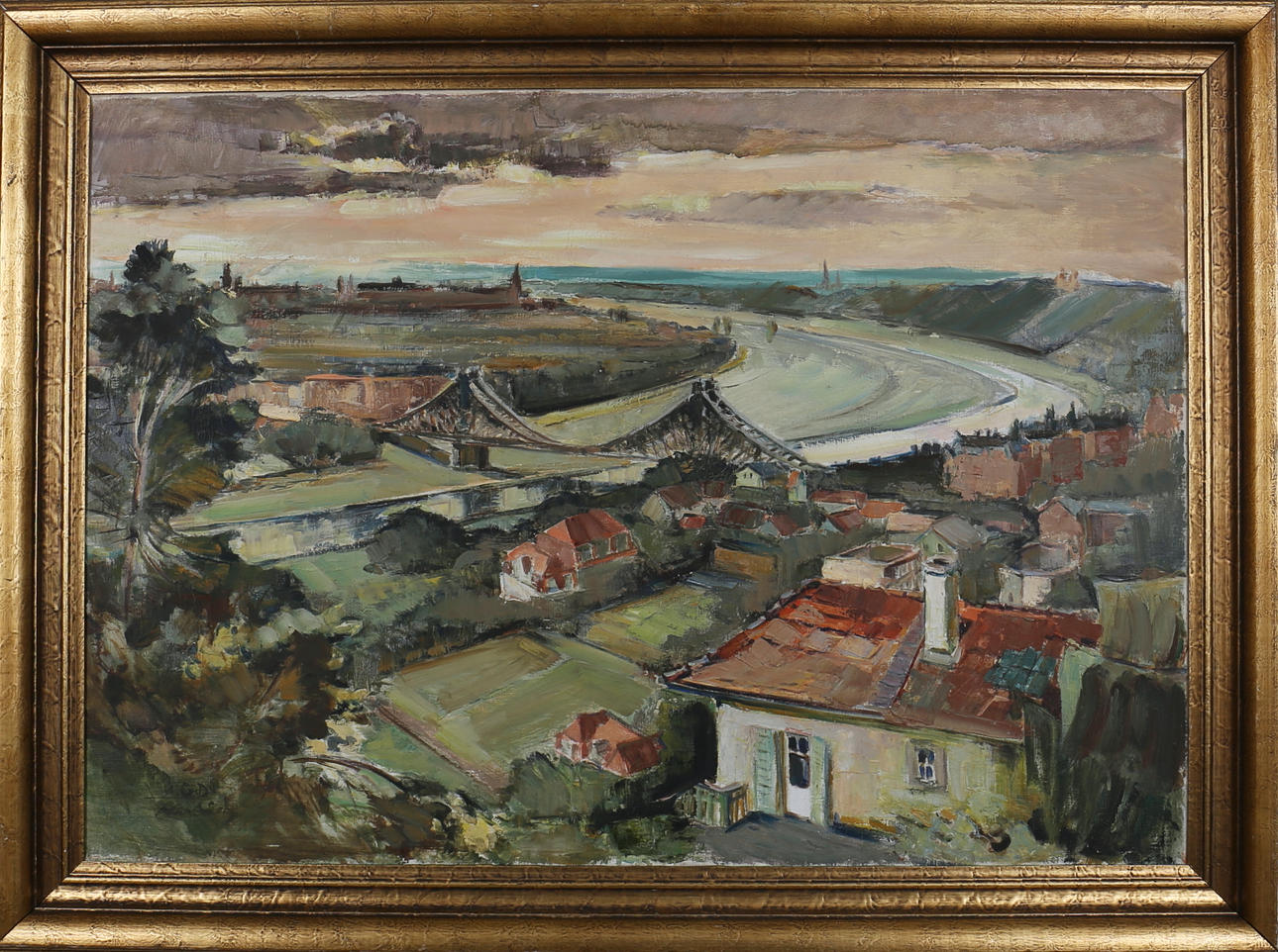 GEORG NERLICH. "Dresden-Loschwit zer-Elg-bogen". Olja på duk. Signerad A D G Nerlich.