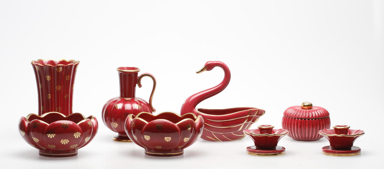 KERAMIKFÖREMÅL, 8 delar, "RUBIN", Gefle.