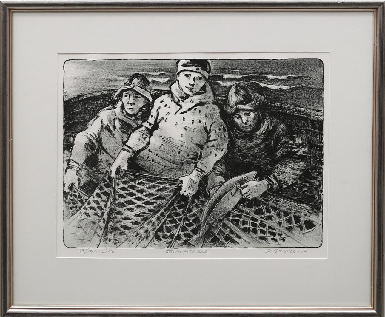 DAGFINN BAKKE. lithograph "Garnfiskeri", signed and dated -94.