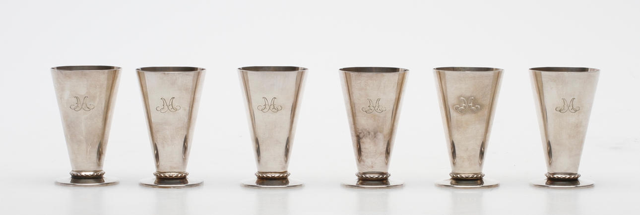 SNAPSGLAS, 6 st, silver, T Eldh, K&EC, Göteborg, 1960-tal, vikt ca 176 gram.