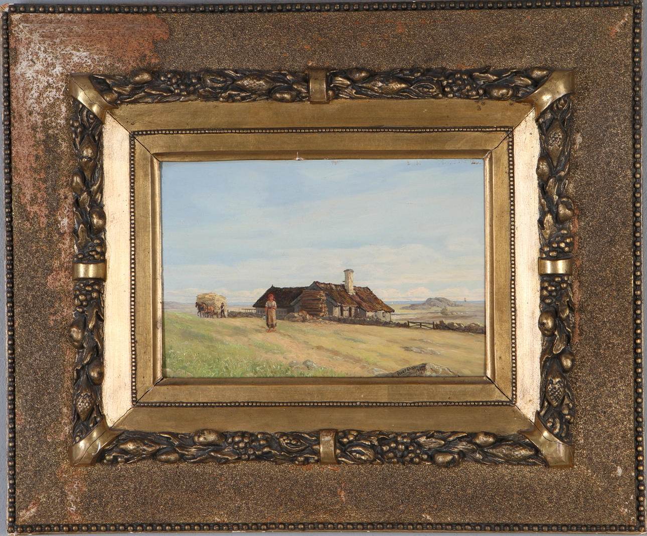 OSCAR OHLSON. Kustlandskap med hus, olja på pannå, signera och daterad 1891.