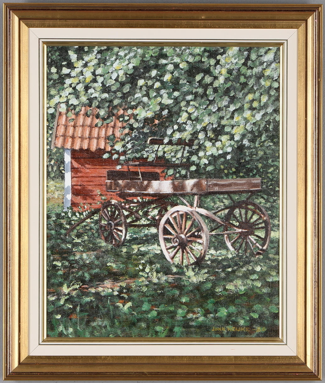 JOHN HEIJKE. Dragkärra med röd stuga, olja på duk, signerad samt daterad -86.