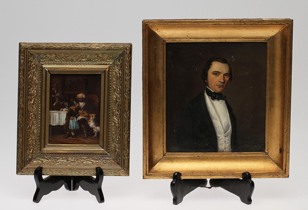 OKÄNDA KONSTNÄRER. Mansporträtt, olja på duk, signerad och daterad LM Larsson 1850 samt bemålat tryck, interiörmotiv.