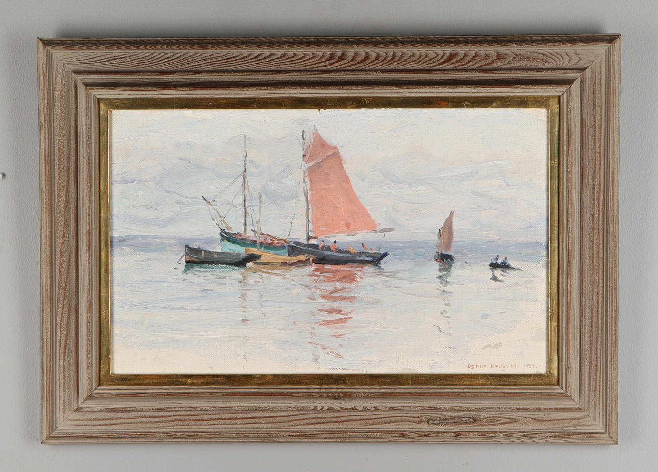 OSCAR HULLGREN. "Fiskarebåtar förankar Bretagne". Olja på pannå. Signerad samt daterad 1929.