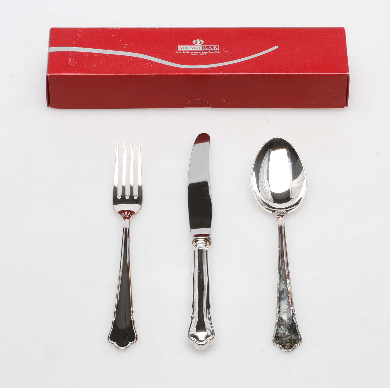 BESTICK, 3 delar, silver, "Chippendale", Mema.