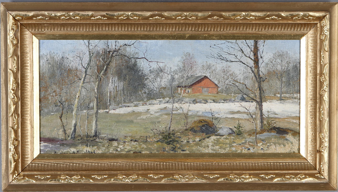 OLOF HERMELIN. "När snön smälter", olja på pannå, signerad samt daterad 1902?