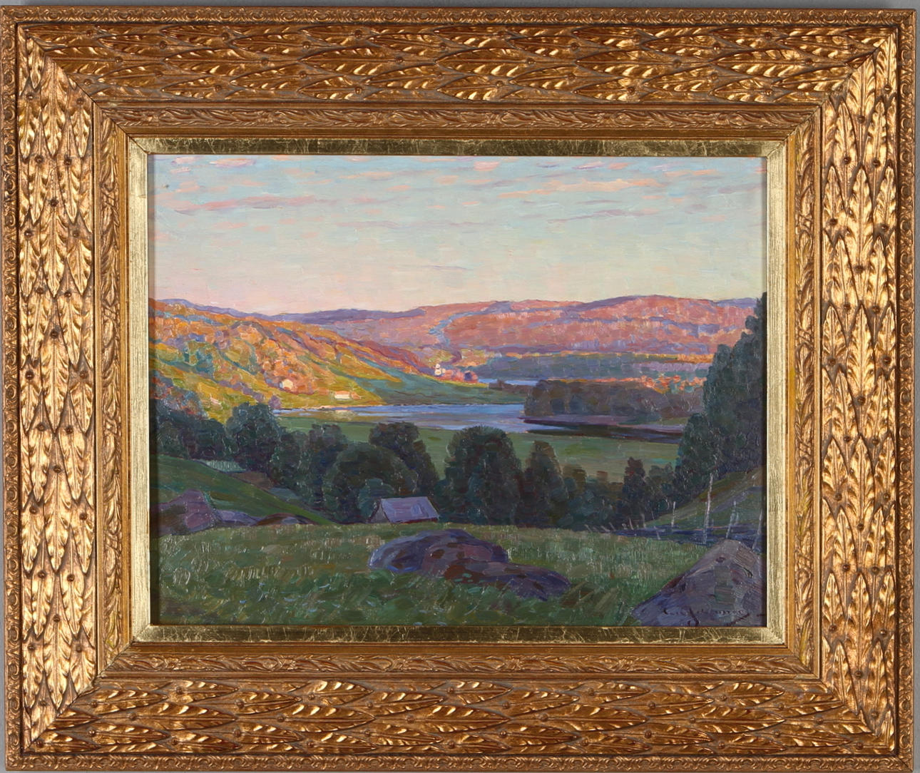 CARL JOHANSSON. Insjölandskap, olja på pannå, signerad.