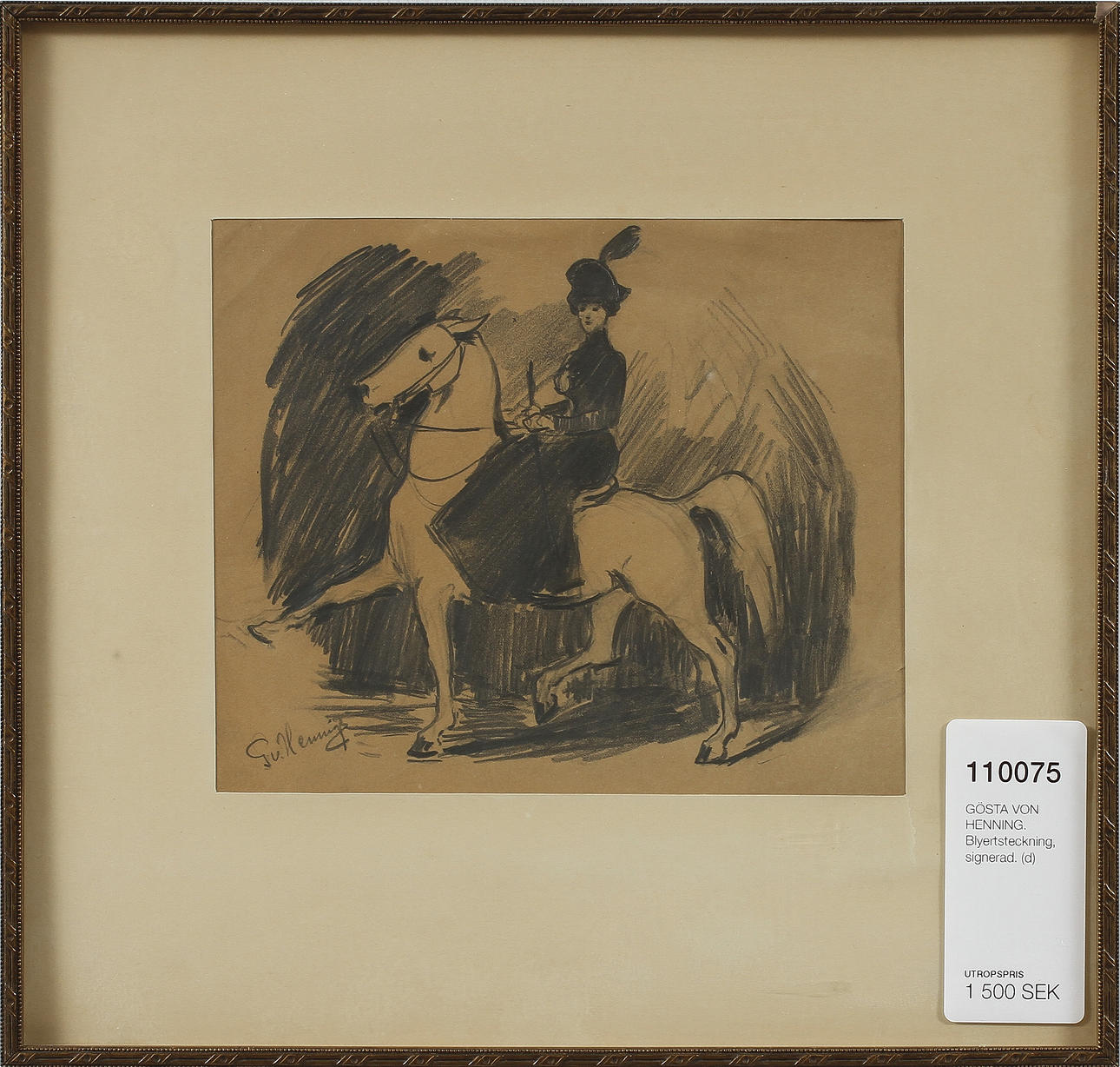 GÖSTA VON HENNING. Blyertsteckning, signerad.