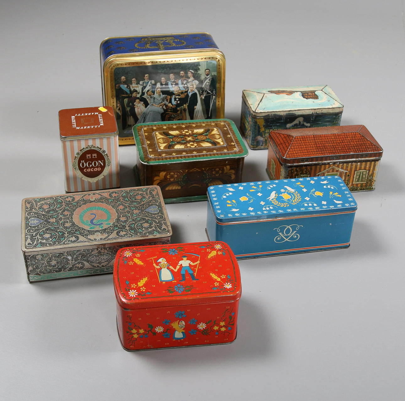 A Collection, 9 Tin cans 20th century.