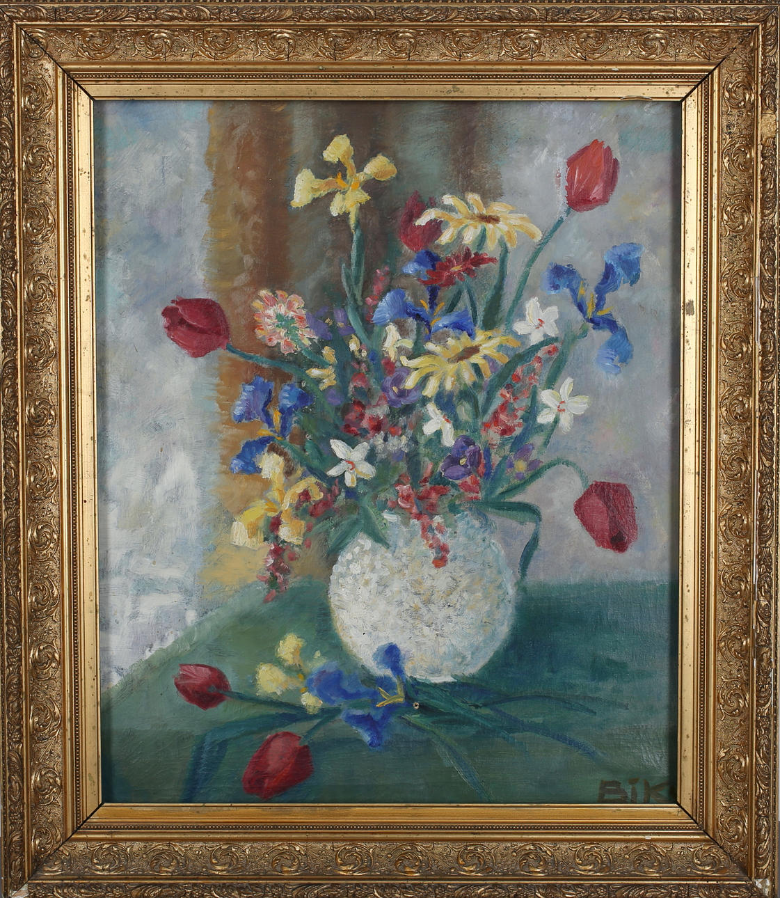 OIDENTIFIERAD KONSTNÄR. Stilleben. Olja på duk. Signerad B i K.