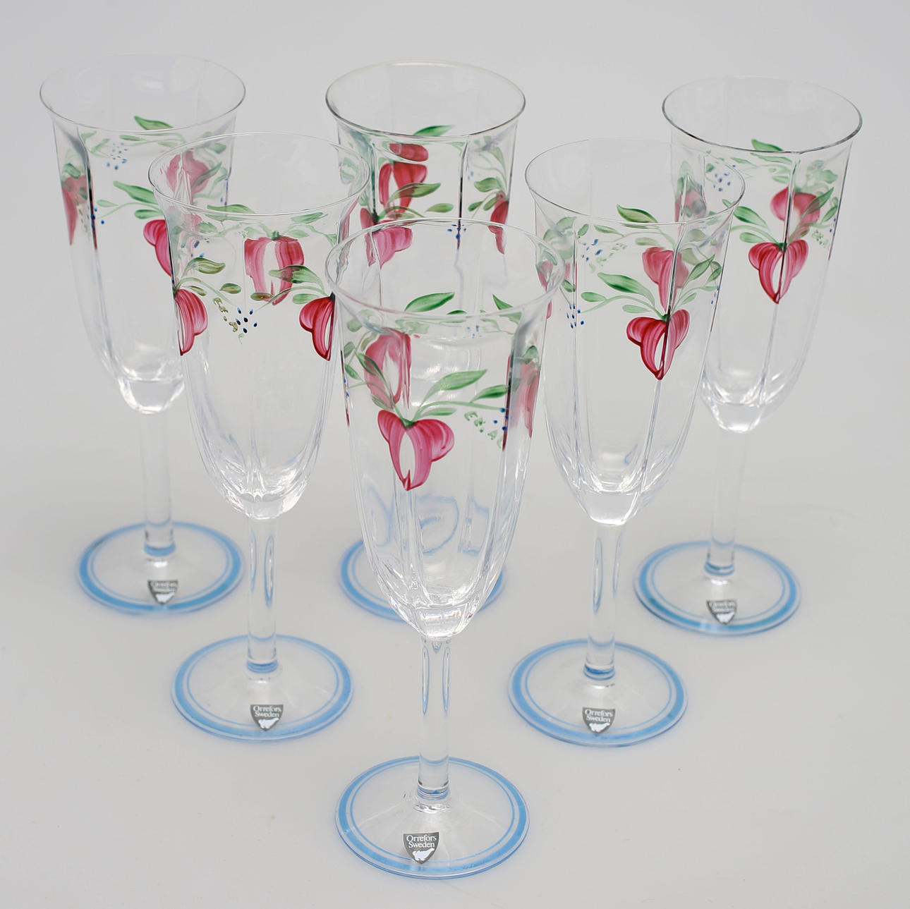 CHAMPAGNEGLAS OCH UPPSATSSKÅL, 7 delar, Maja, Ewa Englund, Orrefors.