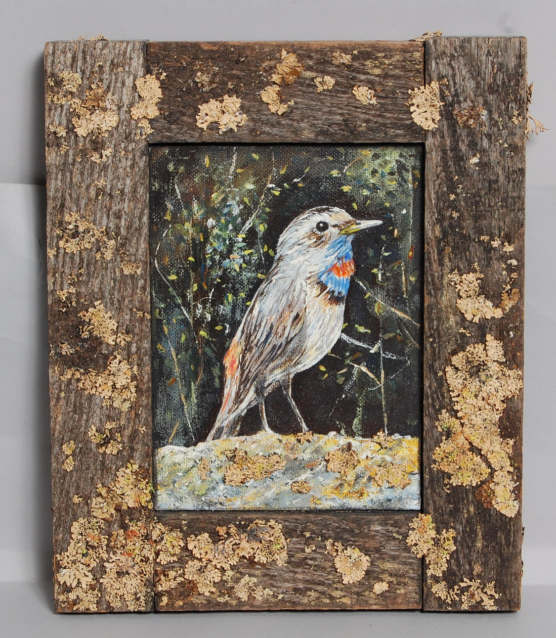 JOHN LANDENFELT. olja på pannå, " Blåhake " med mosscollage.