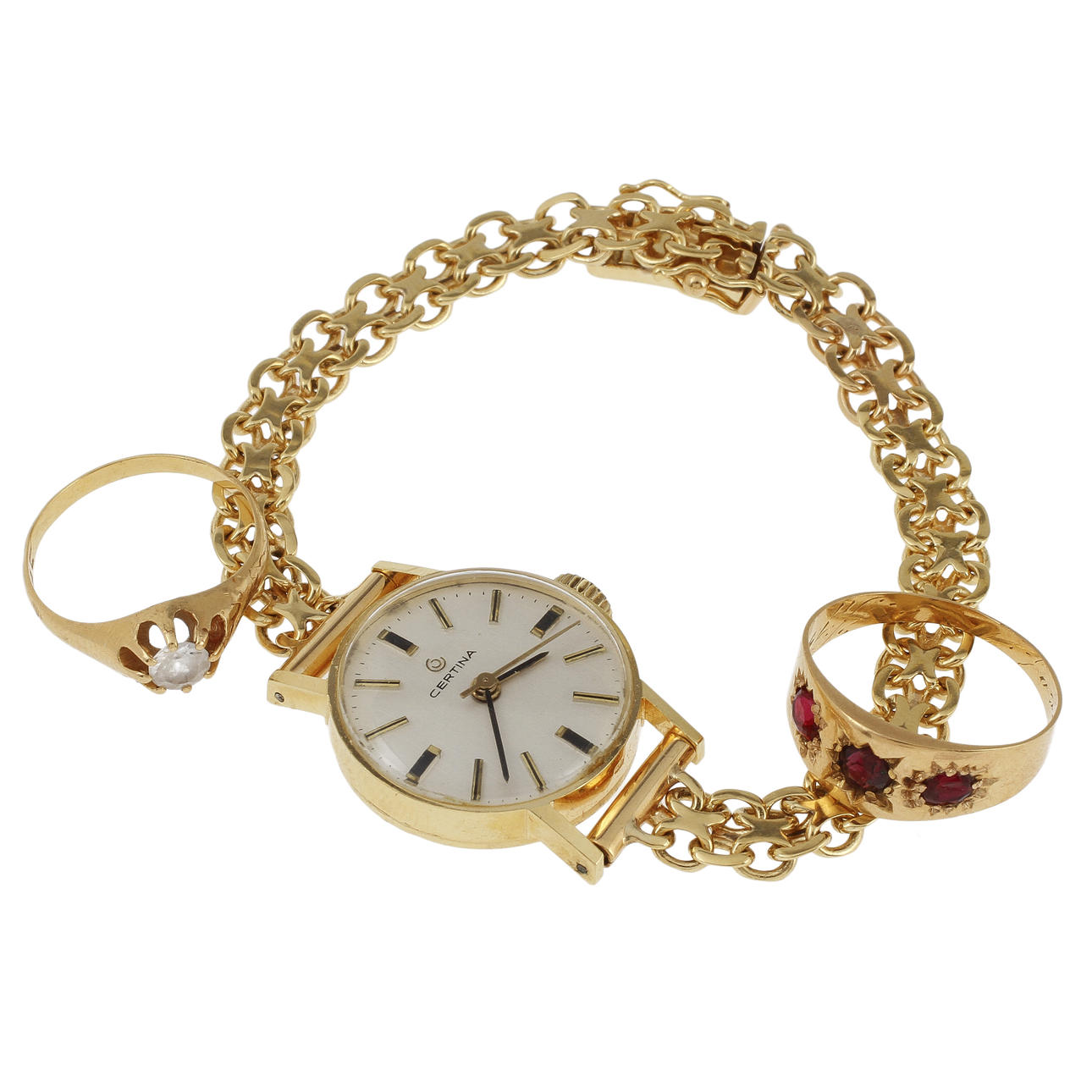 DAMARMBANDSUR samt RINGAR, 2 st, 18k guld.