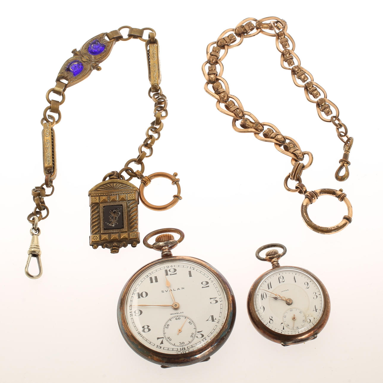 TASCHENUHR mit Kette, 2 Stück, Schwalbe, Invar. Silber.