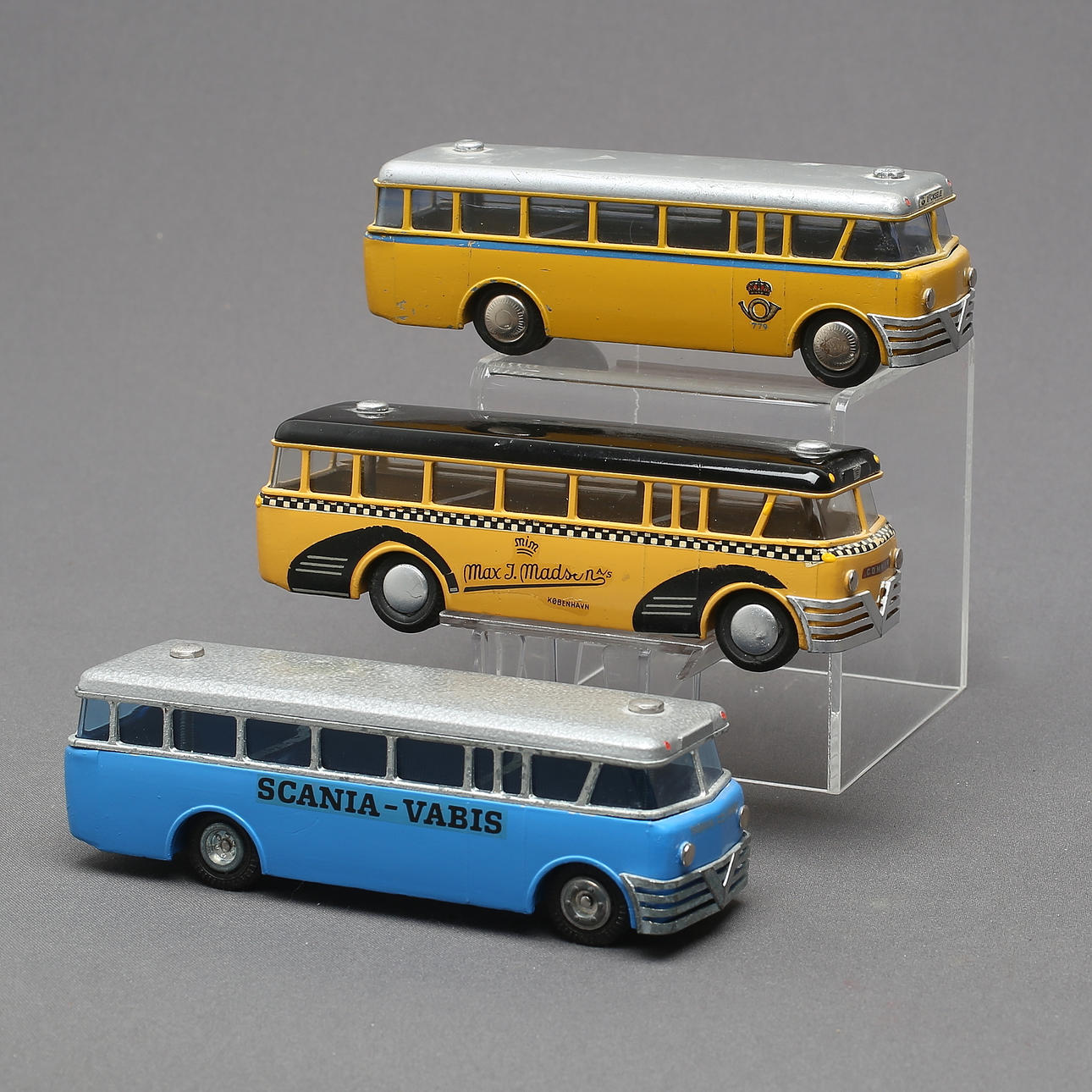 TEKNO, 3 pcs, Volvo Busser, no. 850, with logos, Denmark, 1960s