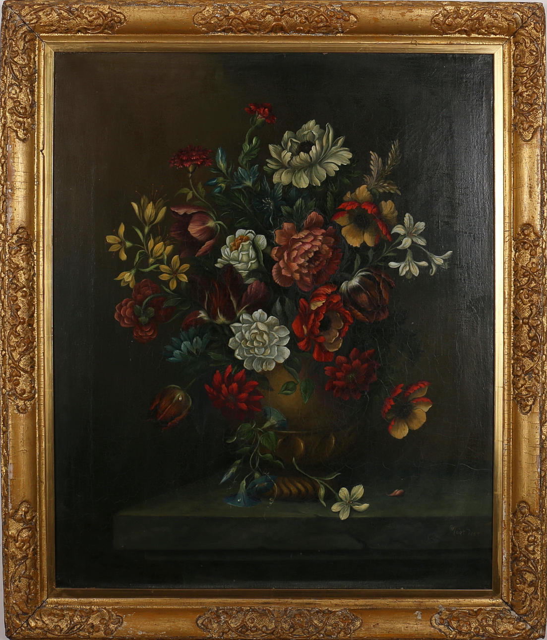 OIDENTIFIERAD KONSTNÄR. Stilleben. Olja på duk. Signerad Moét och daterad 1865.