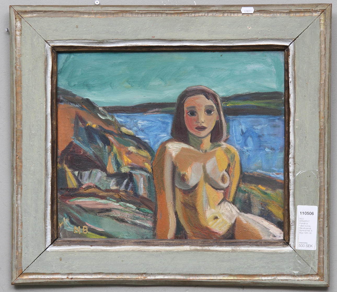 NILS BRINGFELT. Porträtt av naken kvinna. Olja på pannå. Signerad NB. A tergo 1945.