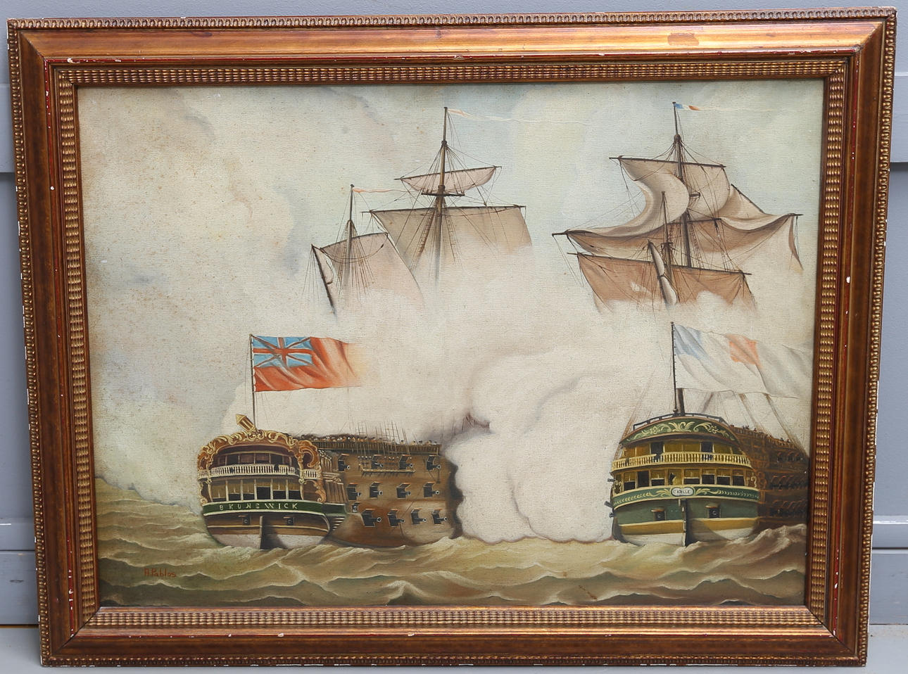 OIDENTIFIERAD KONSTNÄR. HMS Brunswick and L'Achille, oil on canvas, signed A Pablos, 20th century.