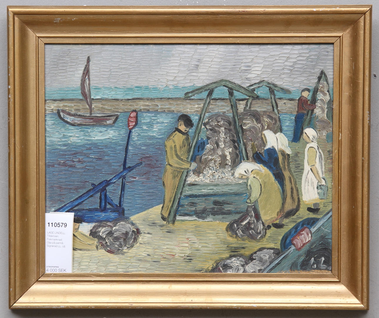 LAGE LINDELL. TILLSKRIVEN. Fiskmarknad. Olja på pannå. Signerad LL.