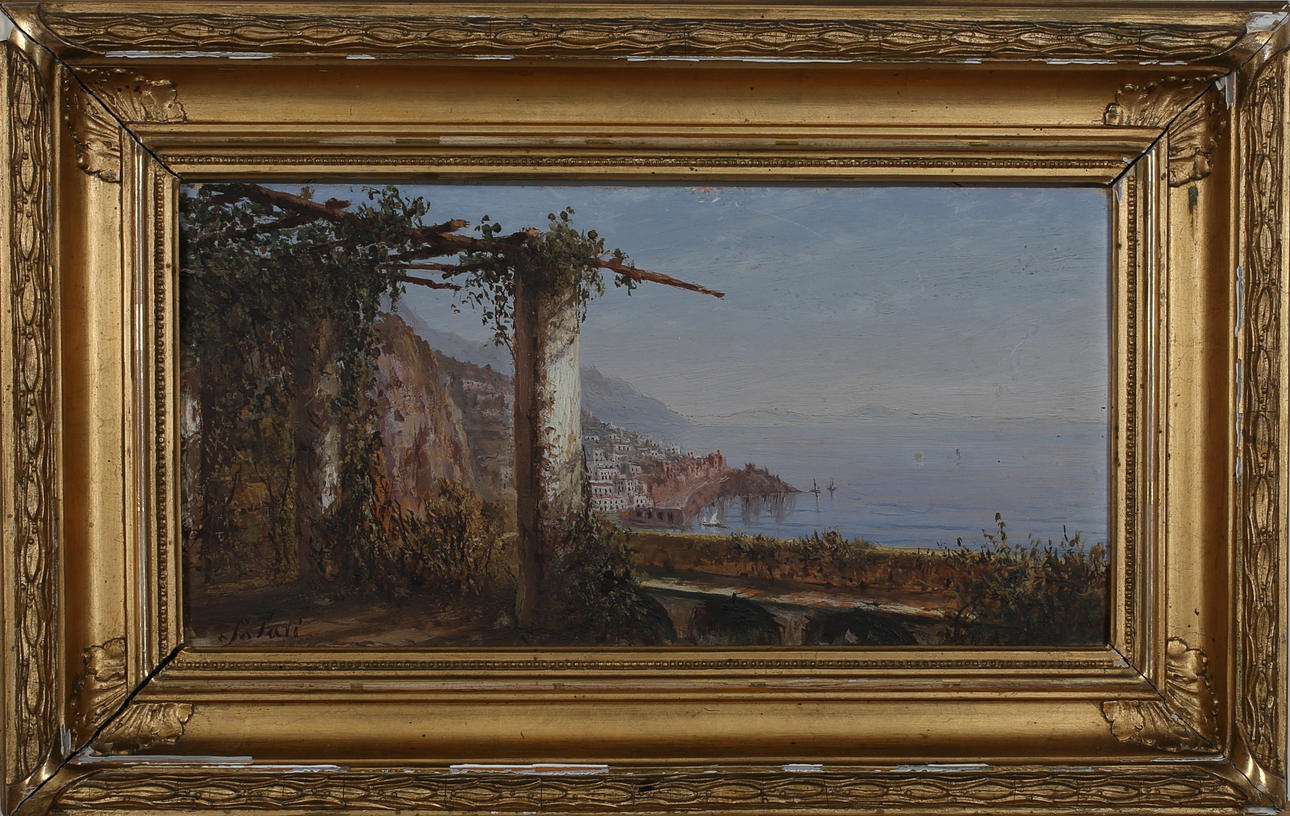 ACHILLE SOLARI (1835-1884). EFTER. Almalfikusten. Olja på pannå. Signerad Solari.