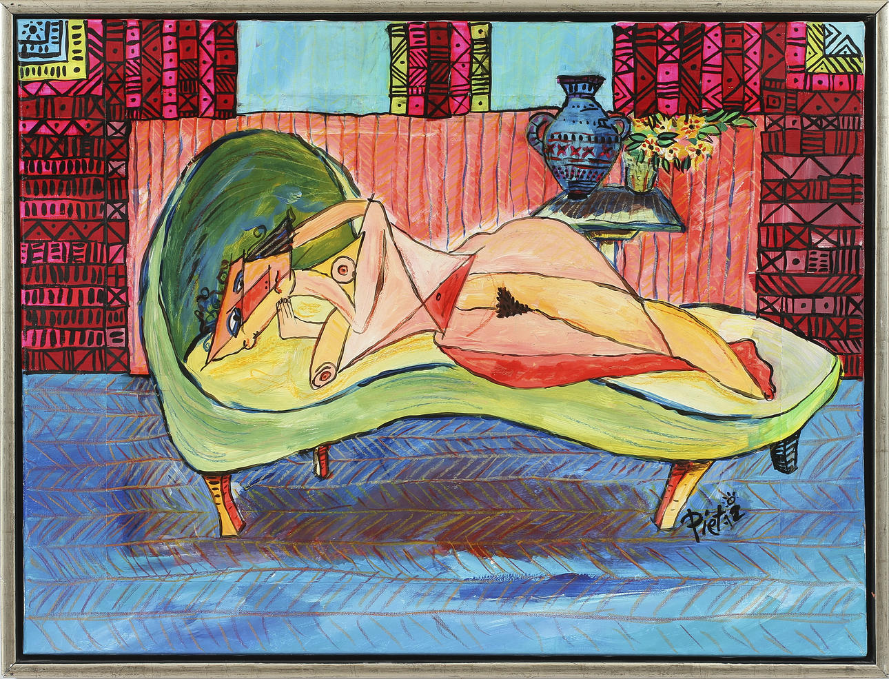 PIET PEDERSEN. "Diva på divanen". Akryl på papper och duk. Signerad Piet.