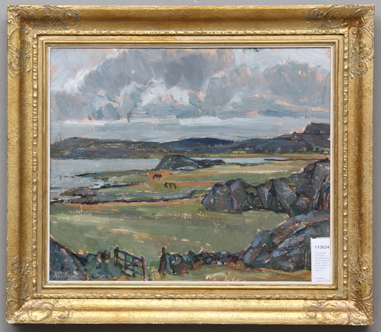 WALDEMAR NYSTRÖM. Skärgårdslandskap med betande hästar. Olja på pannå. Signerad och daterad 1952.