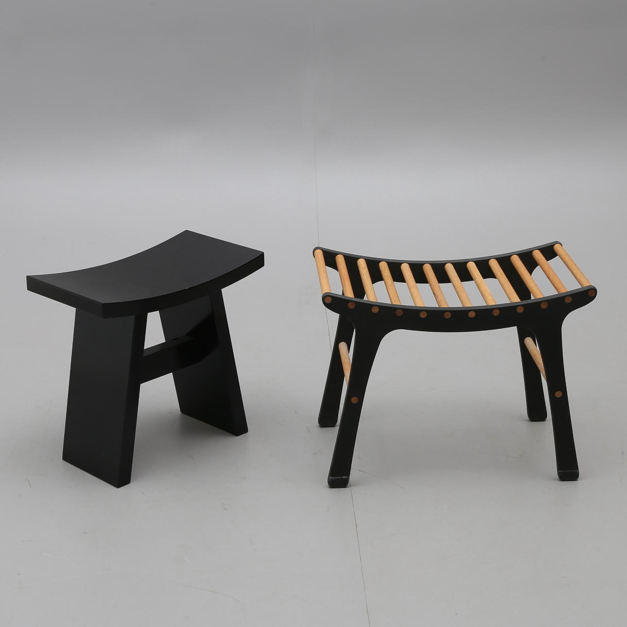 STOOLS, TWO PIECES: "Shogun" and "Sitta Ribb".
