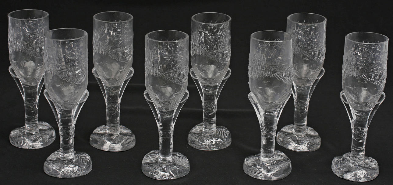 VINGLAS, 8 st, glas, Björkstubbe, Eugen Montelin, troligen Reijmyre eller Glimma.