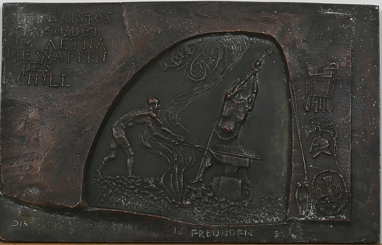 HANS WIMMER. "Hephaistos Schmiedei im Aetna die waffen des achill". Bronsrelieff. Signerad H Wimmer.