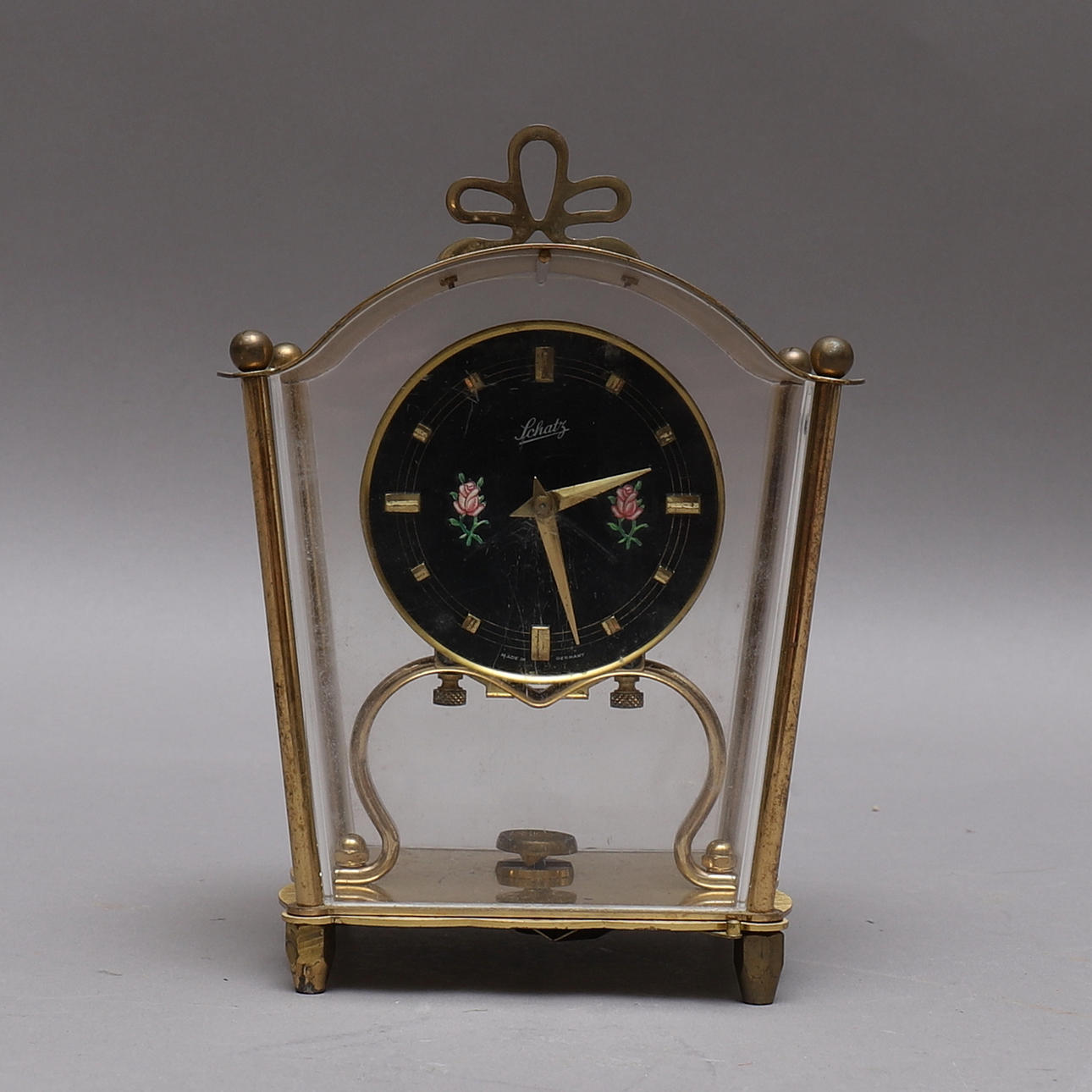 TABLE CLOCK, brass/glass, Schatz, manual.