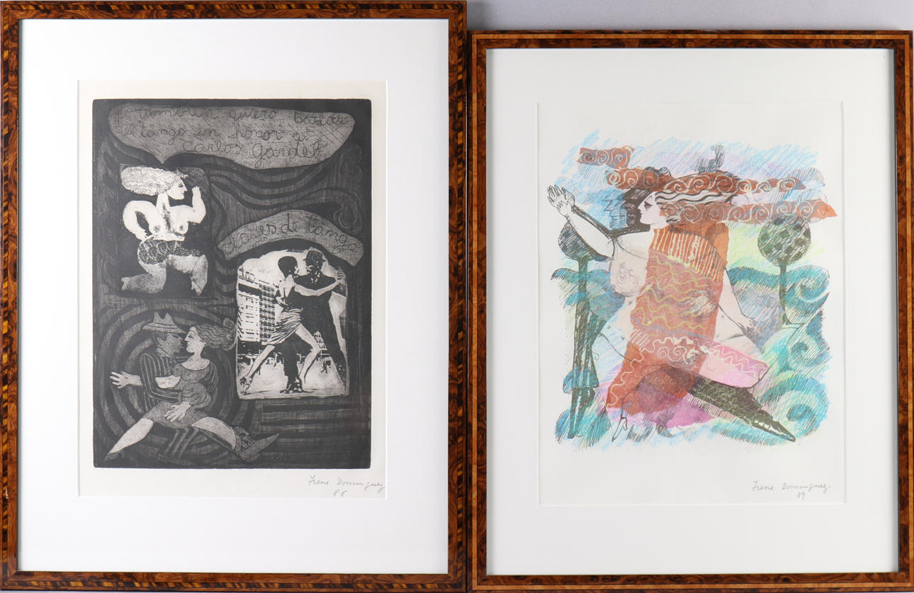 IRENE DOMINGUEZ, 2 pcs, figures, mixed media/print, signed.