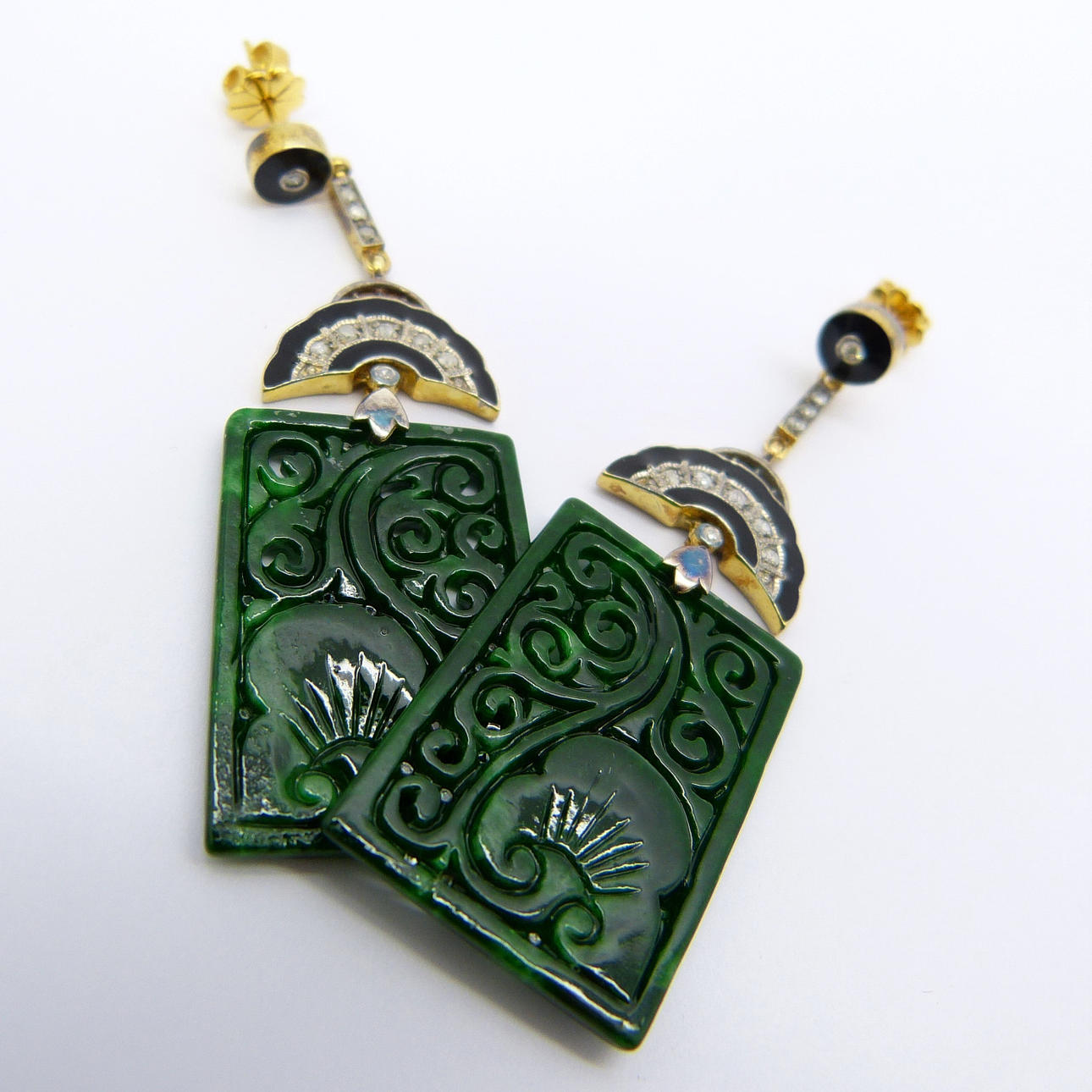 LARGE CARVED JADE EARRINGS.